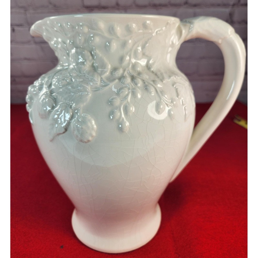 Vintage Elios White Ceramic Pitcher  - Grapevine Design - Made in Italy 8"